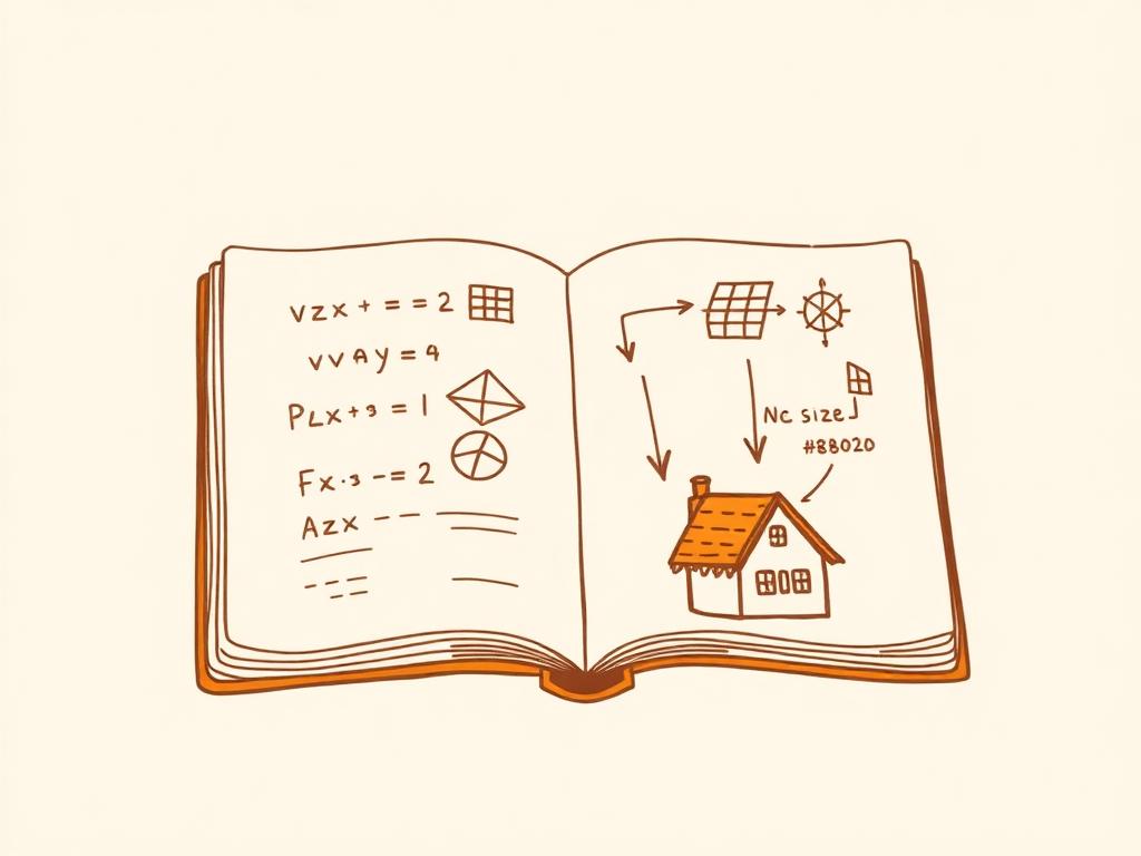Open notebook with solar sizing formulas and arrows from house to array