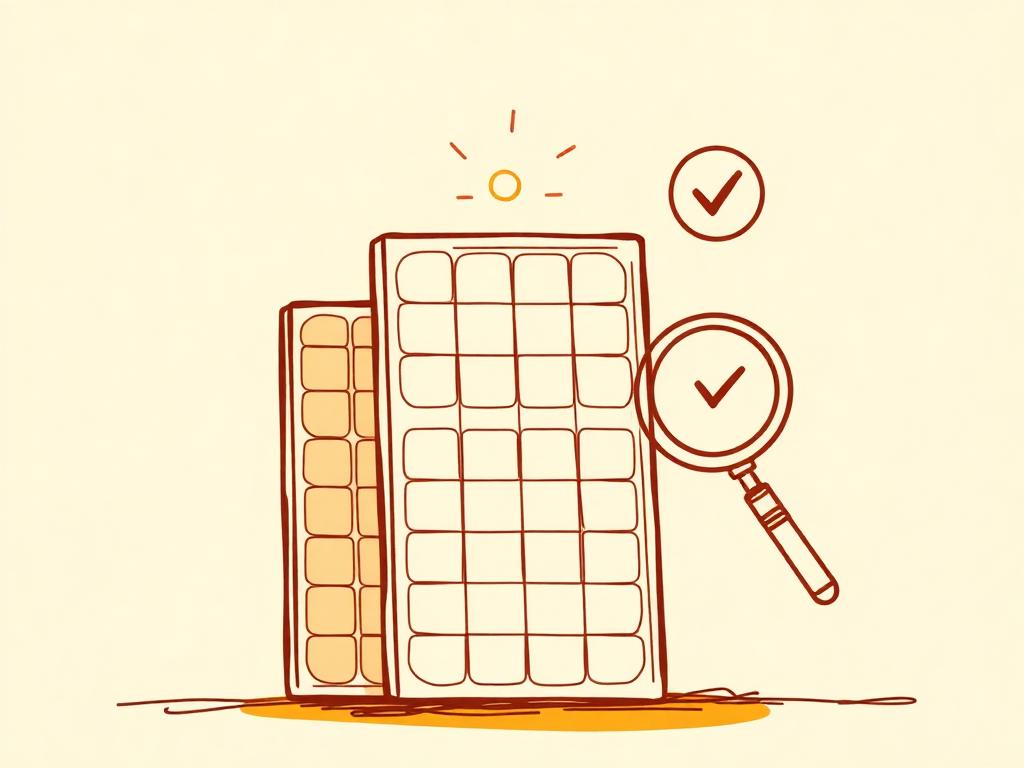 Solar panels with a magnifying glass and checkmark